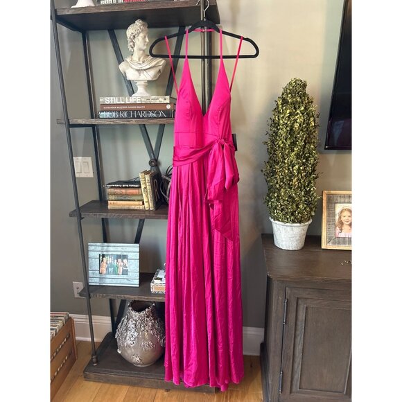 Ieena Mac Duggal Charmeuse Halter Strap Soft Tie Waist Gown Magenta Womens Size - Picture 3 of 10
